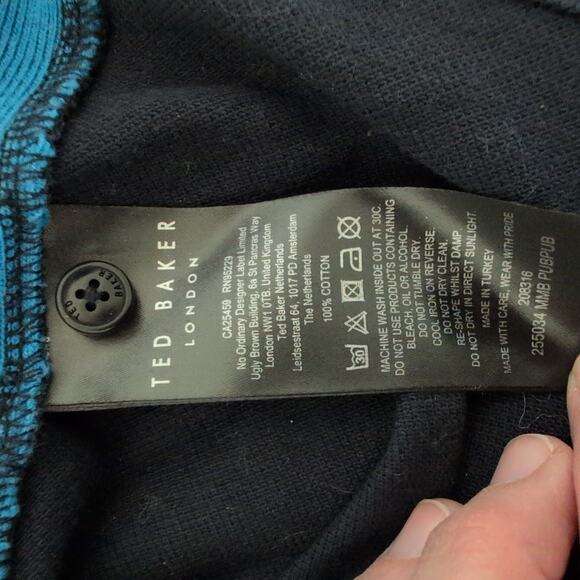 Ted Baker Polo Shirt Size 3 Medium Long Sleeve Side Seam Striped Navy Blue - Picture 8 of 10